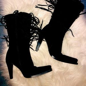 Super cool square toe suede fringe boots.